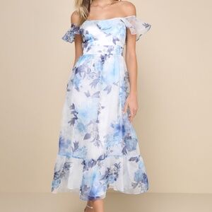 Lulus Sweet Composure White Floral Organza Off-the-shoulder Midi Dress Blue